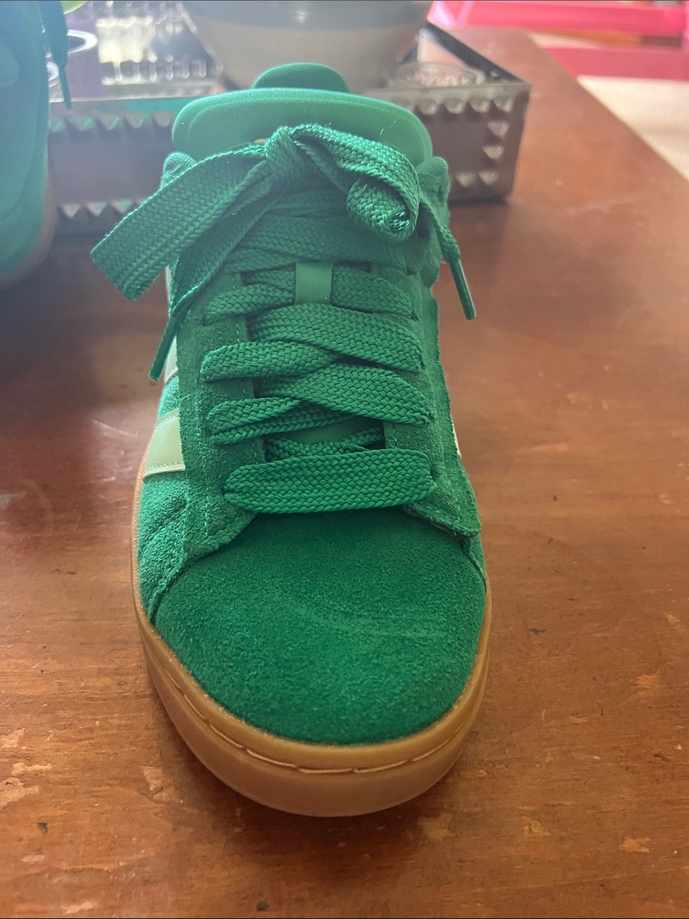 adidas Green Suede Athletic Sneakers with White Stripes and Gum Sole - Picture 3 of 6